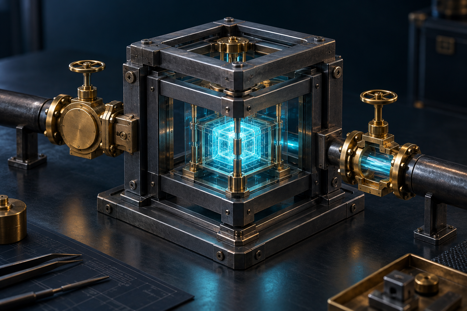 Conceptual steel enclosure with controlled brass gates around a cyan computational core.