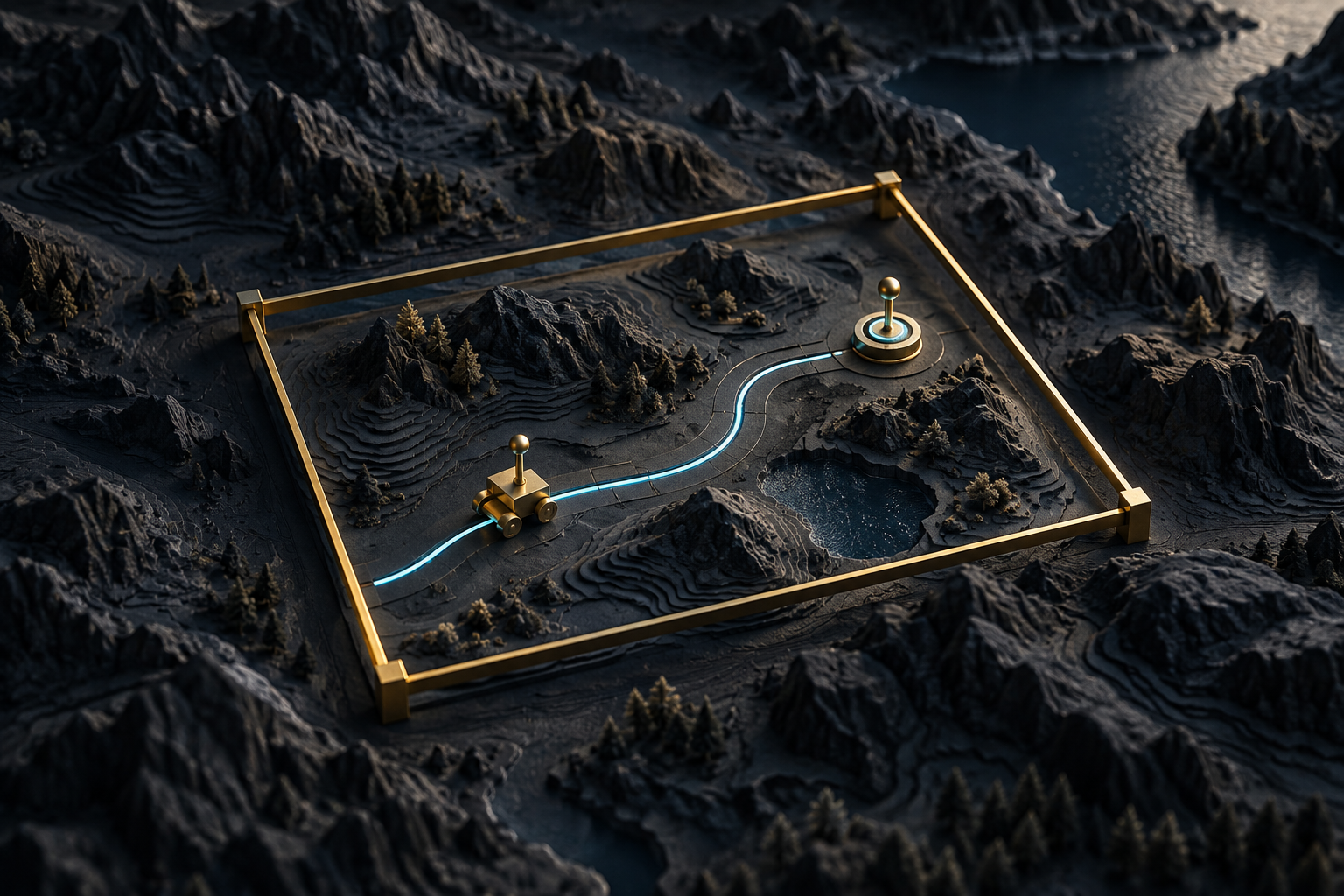 Conceptual terrain model with a brass boundary and a short permitted route.