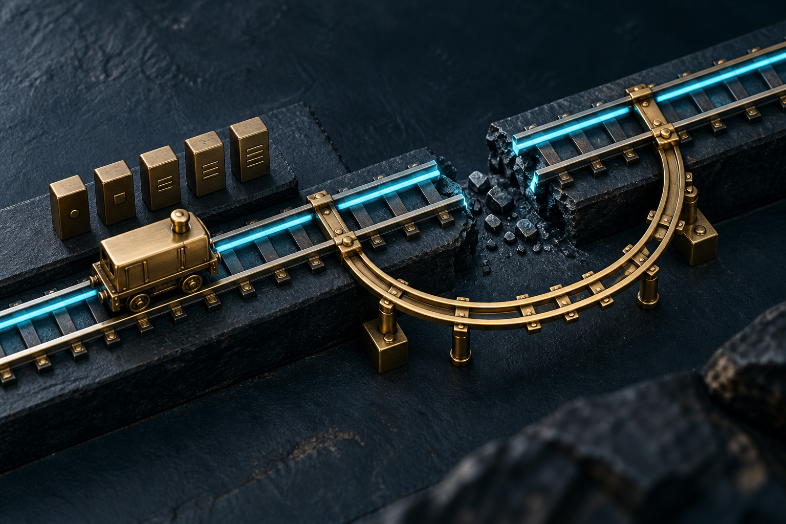 Conceptual brass recovery track bypassing a break in a cyan-lit workflow.