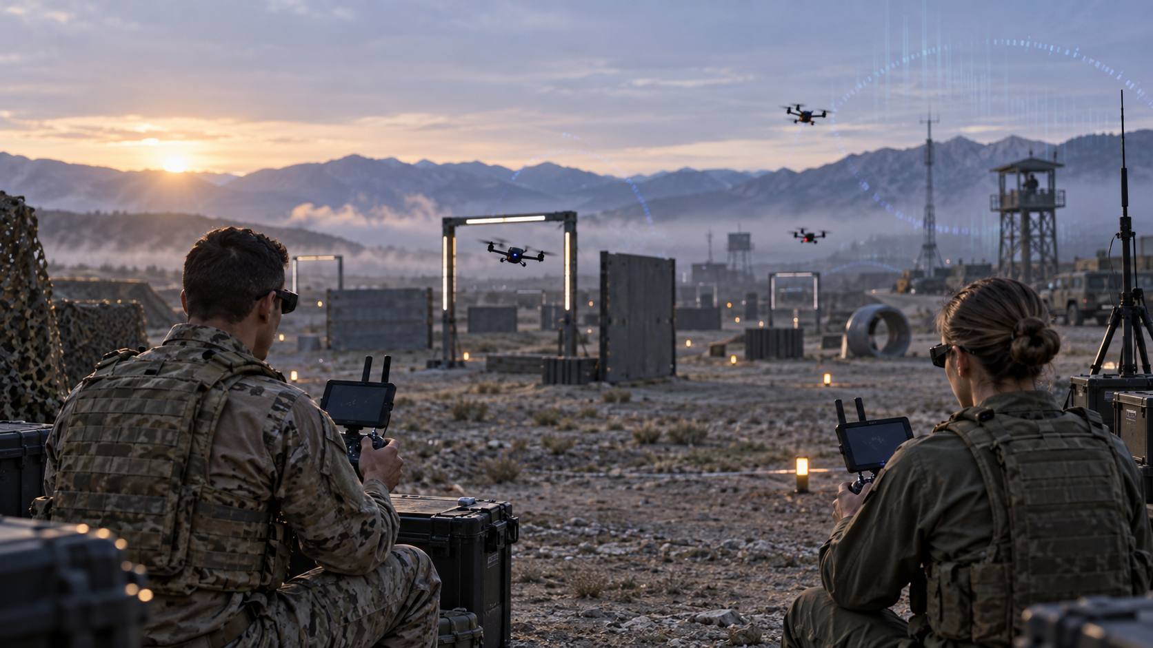 Two military drone operators fly small quadcopters through a contested-range training course at dawn.