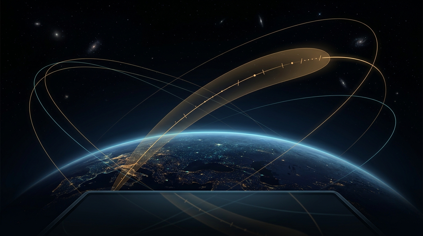 Conceptual illustration: orbital tracks arc over the night side of Earth, one track wrapped in a translucent uncertainty band with timestamp marks.